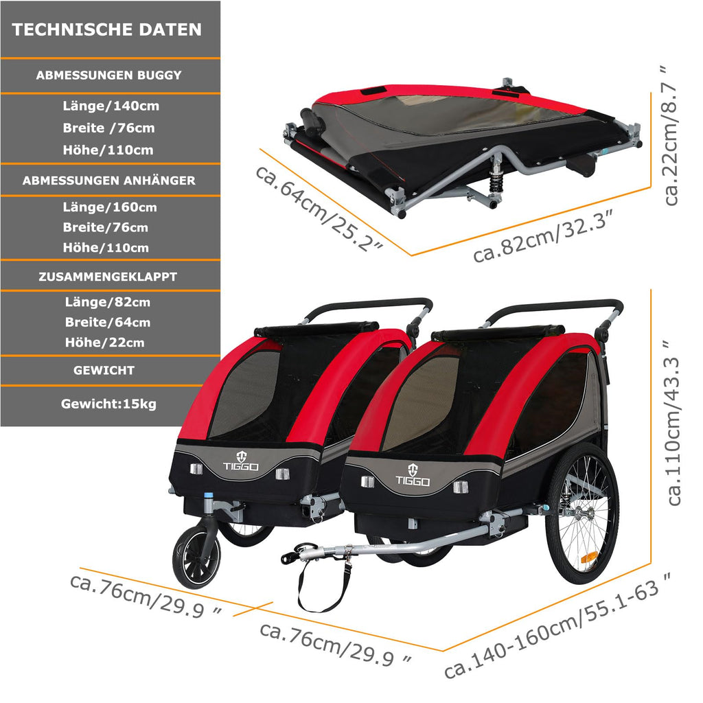 Tiggo S2 Kinderanhänger mit Federung Jogger 2 in 1 Kinder Buggy fahrradanhänger Anhänger 360° Drehbar (Rot)