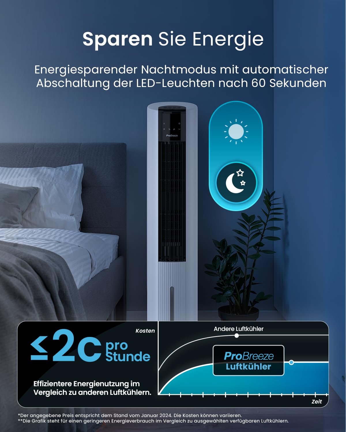 Pro Breeze OmniAir Turmventilator mit Wasserkühlung - Luftkühler mit Fernbedienung, 4 Modi, 4 Gebläsestufen - Ventilator leise - Mobile Klimaanlage ohne Abluftschlauch - Verdunstungskühler, 7L