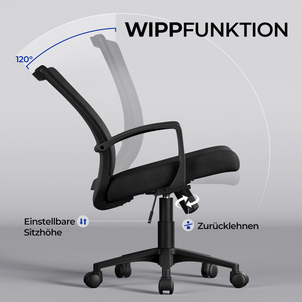 Yaheetech Bürostuhl Ergonomisch, Schreibtischstuhl mit Netzbespannung, Arbeitsstuhl mit Armlehnen, Chefsessel aus Mesh, höhenverstellbarer Computerstuhl 136 kg, atmungsaktiv, Wippfunktion Schwarz