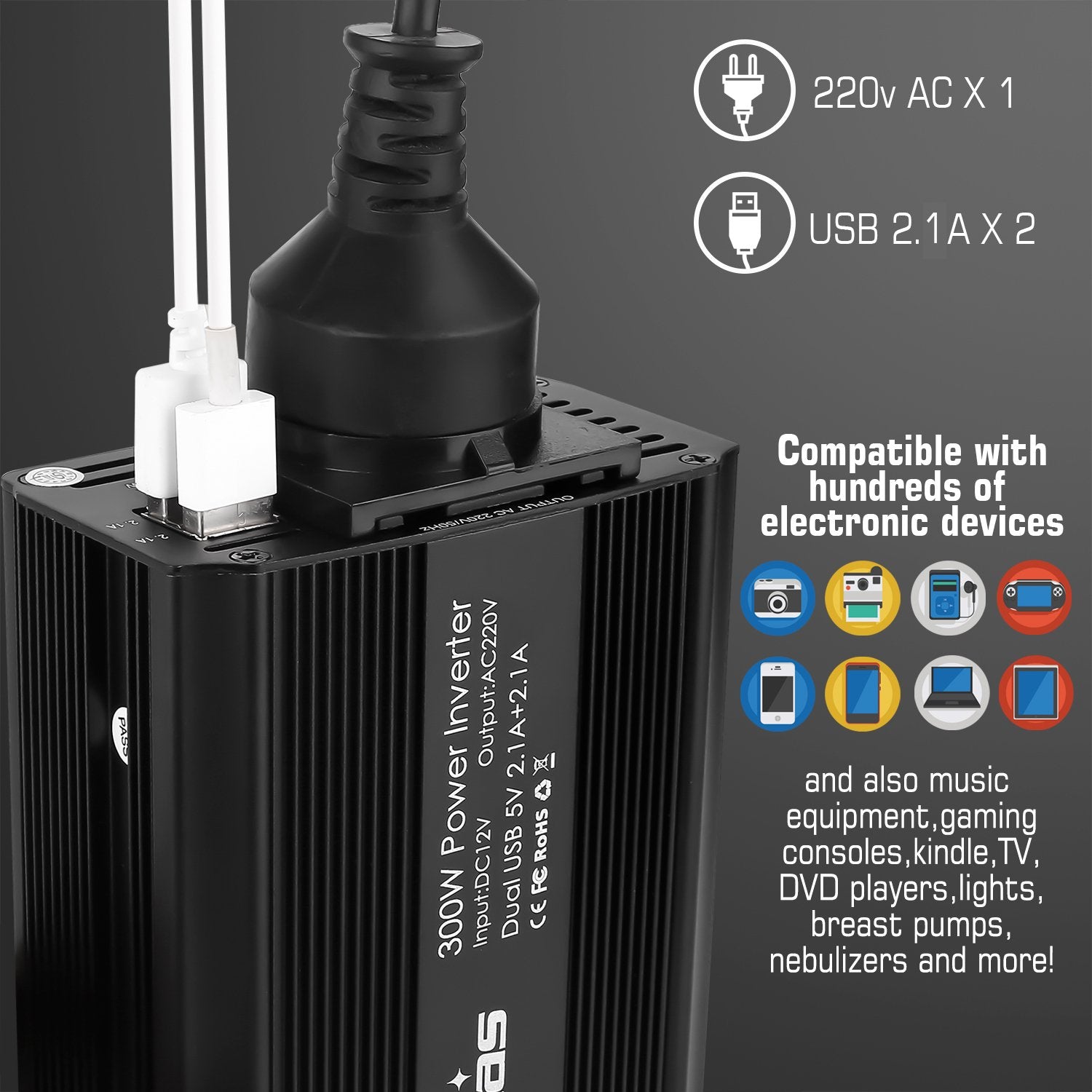 Bapdas 300W Kfz-Wechselrichter Spannungswandler DC 12 V auf AC 230 V, 220V inkl. USB-Anschlüssen (4,2 A)