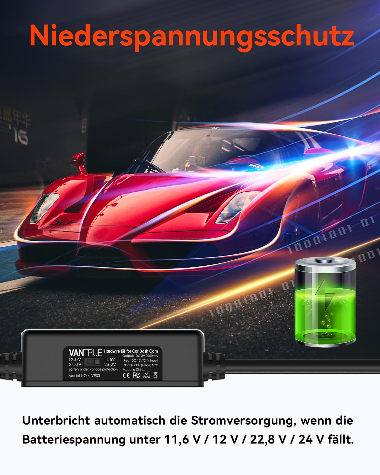 VANTRUE USB-C Hardwire Kit mit 2 Stufen und Acc Kabel für alle Dashcams, 12V/24V zu 5V, Sicherungshalter mit Niederspannungsschutz, 24Std. Parkmodus, kompatibel mit Anderer USB-C Dashcam