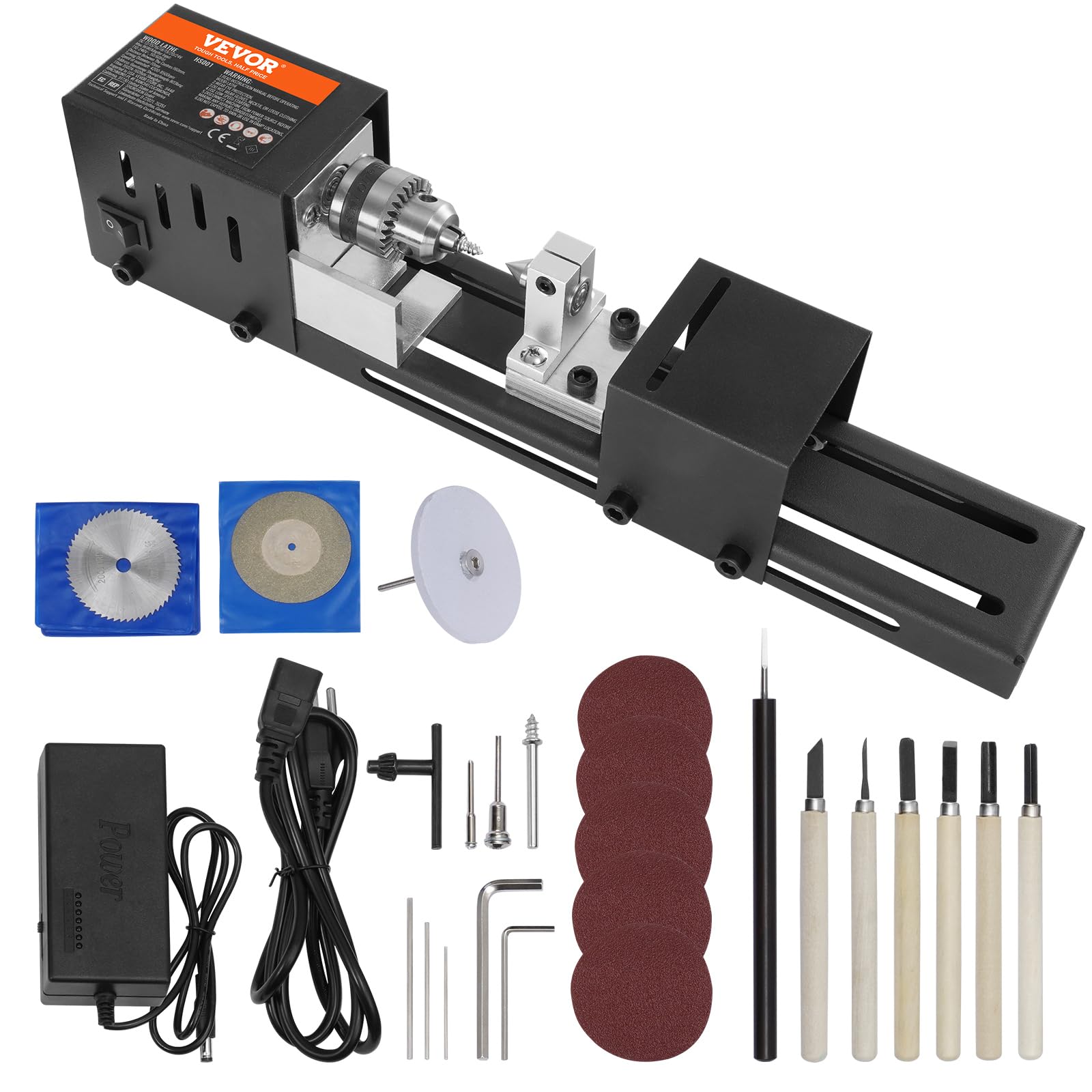 VEVOR Mini Drehbank 96W Drechselbank Max. Drehdurchmesser 70mm Drechselmaschine Spindeldrehzahl 4250–8500U/min Kopierdrechselbank mit 7-Gang-Einstellung Drehbank mit komplettem Zubehör