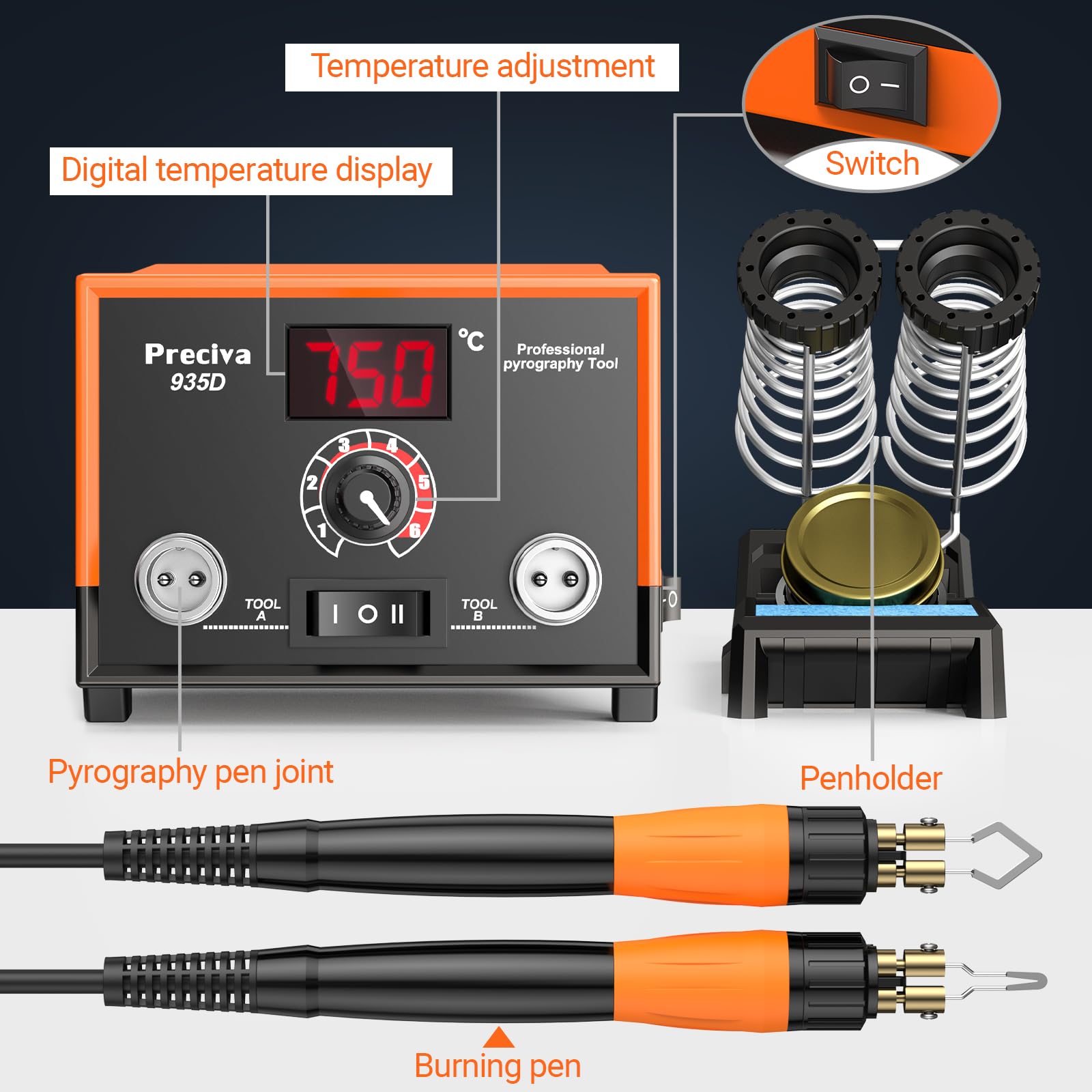 Brandmalstation, Preciva Brandmalerei Set 935D Bastelset Lötstation Lötkolben Set, Dual Brennkolben mit Displayanzeige 250-750 ℃ Holzbrennstation mit 20-teilig Spitzen für Holz, Leder und Kork DIY