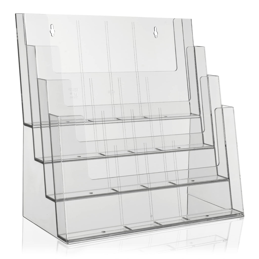 Taymar Prospektständer Tribüne für DIN A4, A5, DIN lang, DL, A6 Flyer, flexibler, transparenter Tischprospektständer als standfester Aufsteller, Flyerständer mit 4 Etagen, optional als Wand-Prospekthalter