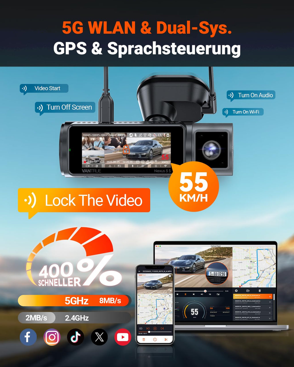 VANTRUE N5S 4 Kanal STARVIS 2 Dashcam Auto 2.7K+ 1080P+ 1080P+ 1440P Vorne Innen Hinten, HDR+ WDR Dash Cam 5G WLAN, Sprachsteuerung Dashcams, GPS, 24Std. Puffer Parkmodus, LTE Optional, Max 1TB