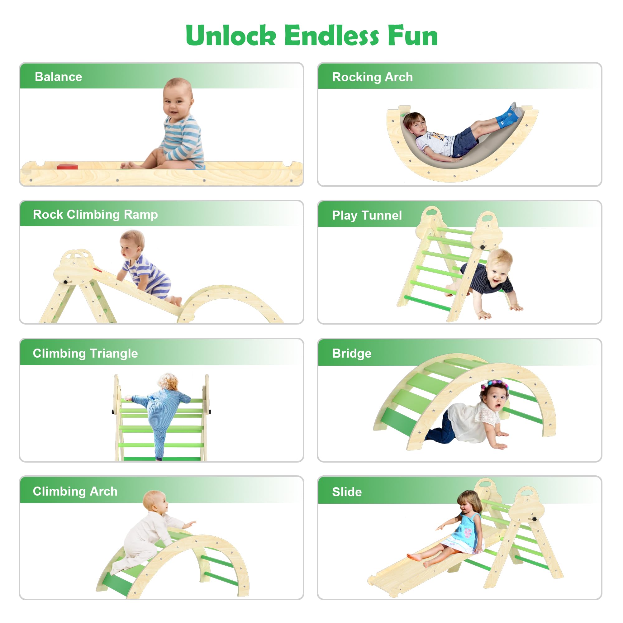 7-in-1 Montessori Kletterdreieck mit Kissen – Holz Kletterspielzeug für Kleinkinder 1-3 Jahre – Indoor Kletterbogen mit Rutsche, Leiter & Spielbogen (Green)
