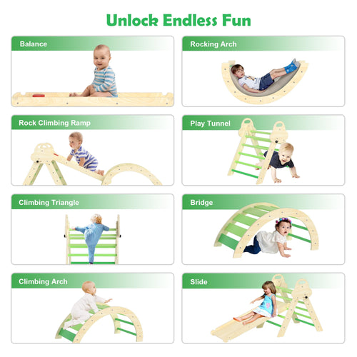 7-in-1 Montessori Kletterdreieck mit Kissen – Holz Kletterspielzeug für Kleinkinder 1-3 Jahre – Indoor Kletterbogen mit Rutsche, Leiter & Spielbogen (Green)