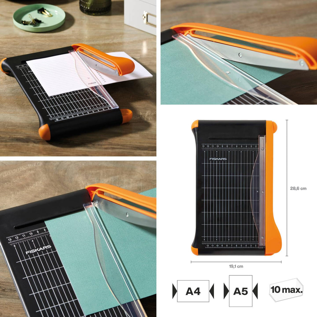Fiskars Hebel-Papierschneidemaschine, A5-Hochformat, A4-Querformat, Selbstschärfende Klinge, Mit Fingerschutz, Bypass, Recycelte Materialien, 1077982