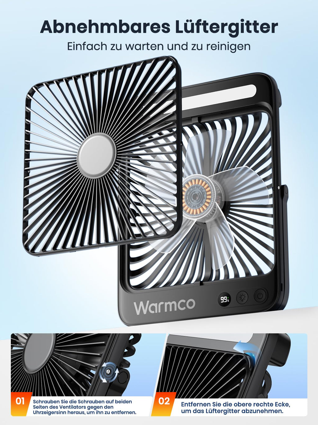 Warmco 20000mAh Akku Camping Ventilator 27cm mit Lampe, 15-48 Std. Laufzeit, Ultra-Leise, Ultraflach, Display, Haken, USB Tischventilator für Zelt, Outdoor, Reisen, Büro, Wohnmobil, Schlafzimmer