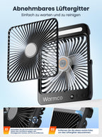 Warmco 20000mAh Akku Camping Ventilator 27cm mit Lampe, 15-48 Std. Laufzeit, Ultra-Leise, Ultraflach, Display, Haken, USB Tischventilator für Zelt, Outdoor, Reisen, Büro, Wohnmobil, Schlafzimmer