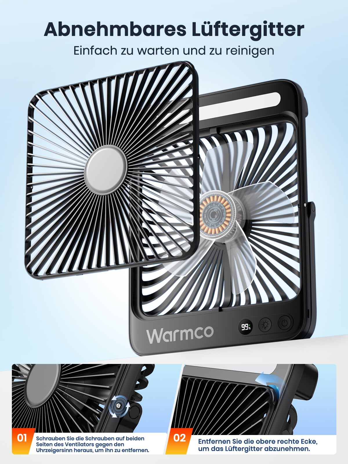 Warmco 20000mAh Akku Camping Ventilator 27cm mit Lampe, 15-48 Std. Laufzeit, Ultra-Leise, Ultraflach, Display, Haken, USB Tischventilator für Zelt, Outdoor, Reisen, Büro, Wohnmobil, Schlafzimmer
