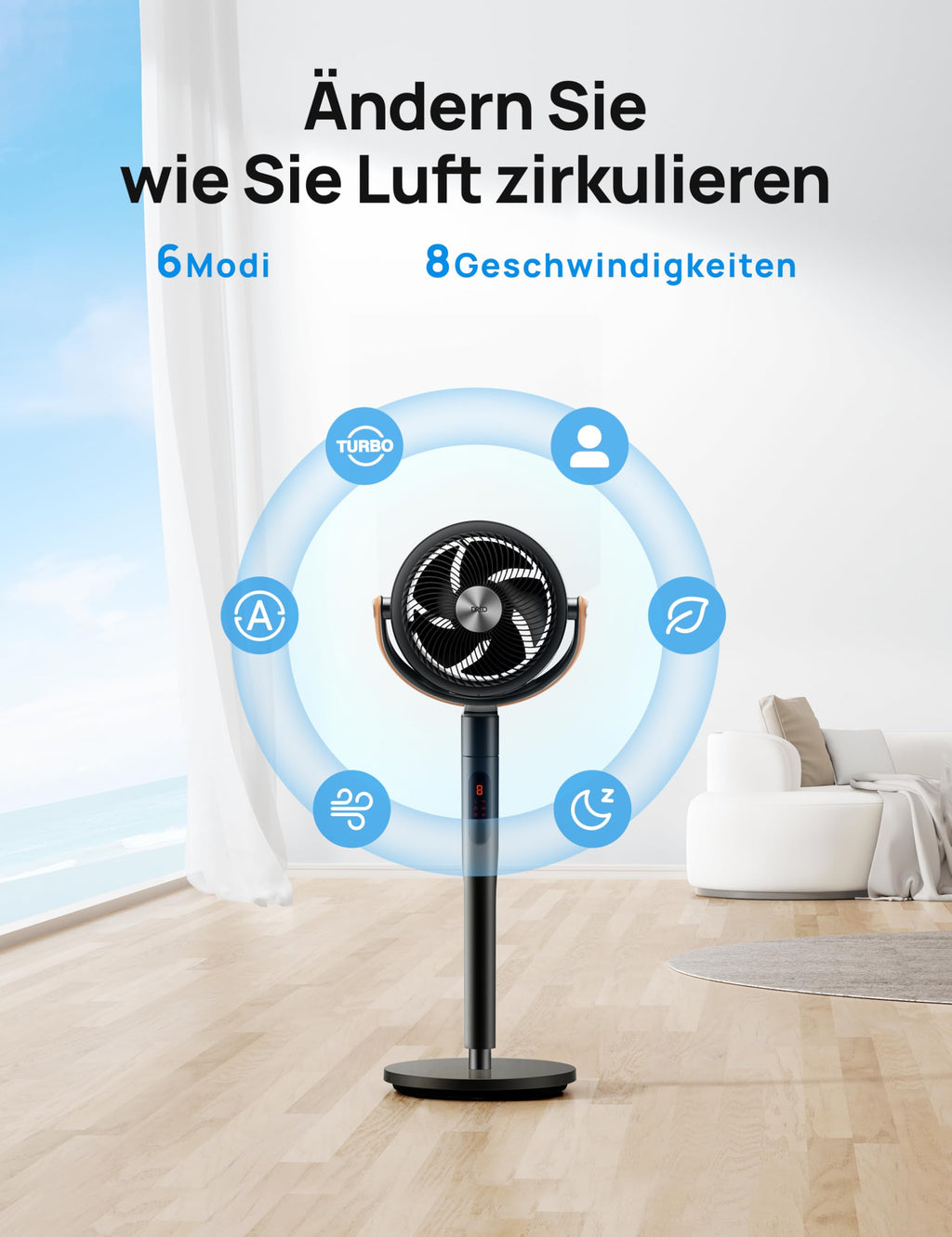 Dreo 25dB leiser Smart Standventilator, 120°+105°Omni-direktional oszillierend Ventilator mit Fernbedienung, 30M Windentfernung, 1650m³/h Luftvolume Turbo-Luftzirkulator Fans, 6 Modi 8-Geschwindigkeit