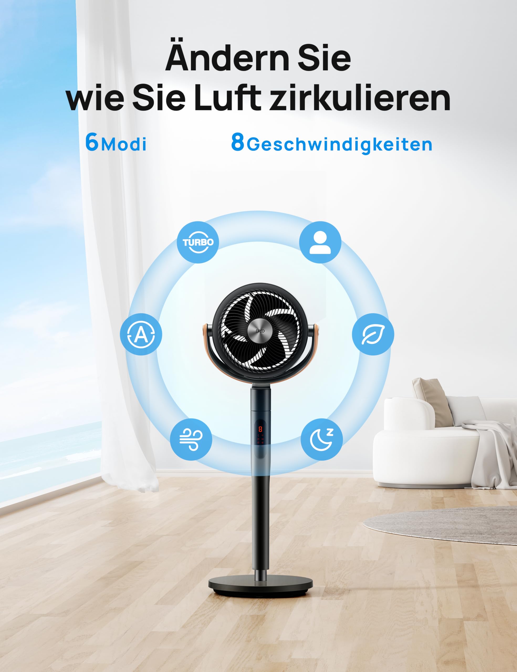Dreo 25dB leiser Smart Standventilator, 120°+105°Omni-direktional oszillierend Ventilator mit Fernbedienung, 30M Windentfernung, 1650m³/h Luftvolume Turbo-Luftzirkulator Fans, 6 Modi 8-Geschwindigkeit