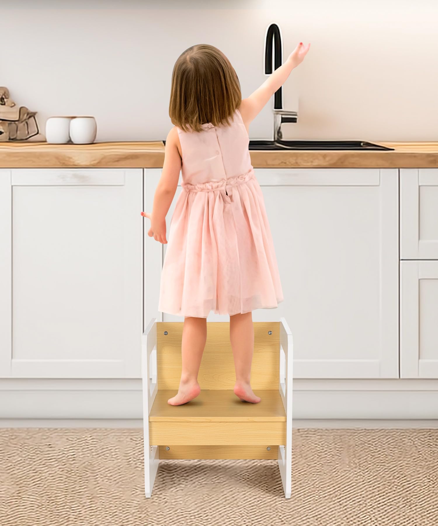 Yorbay Tisch und Stuhl Set für Kinder Kinderschreibtisch mit 1 Hockern, Kindersitzgruppe 3 in 1-Wendehocker & zum Kinderarbeitsplatz umwandelbarer Kinderbank, Kindermöbel 61,5 x 50 x 46 (Natur, L)