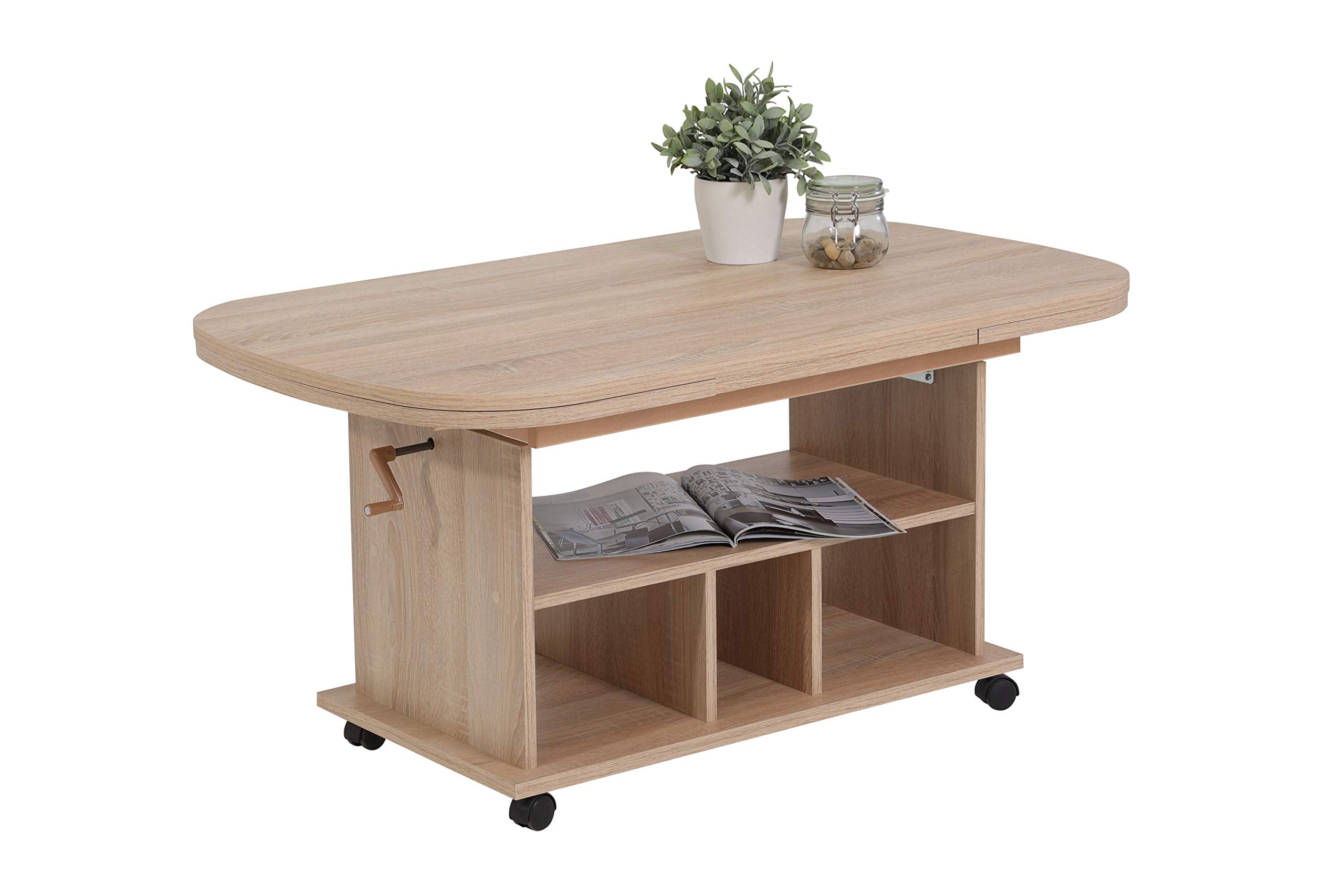 Hela Tische, Funktionscouchtisch Babsi, Holzwerkstoff melaminbeschichtet, Sonoma Eiche, höhenverstellbar 53-63cm, ausziehbar 107-157cm, auf Rollen