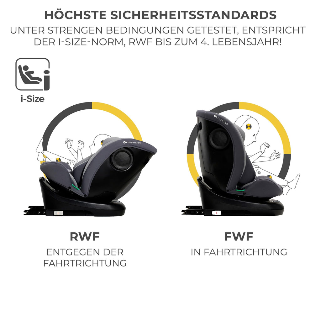 Kinderkraft I-GROW Kindersitz 0-36 kg, I-SIZE 40-150 cm, 360 grad drehbar, Kinderautositz mit Isofix station, FWF und RWF, Verstellbare Kopfstütze/Rückenlehne mit Liegeposition, Grau