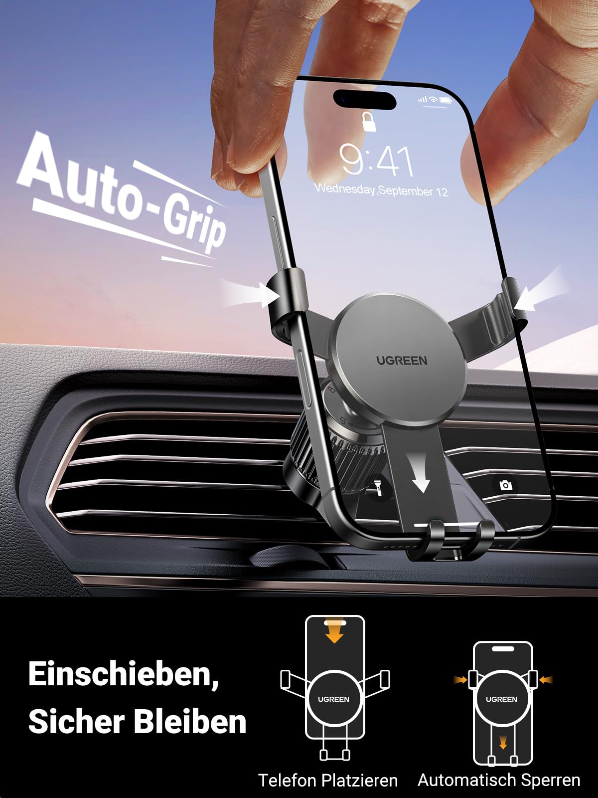 UGREEN Handyhalterung Auto [Upgrade Bombenfest Lüftungshaken] Smartphone Halterung für Lüftungsschlitze, kompatibel mit iPhone 17 16 15 14 13 Pro Max, Galaxy S23 S22 S21, Mate 60 Pro usw.(Schwarz)