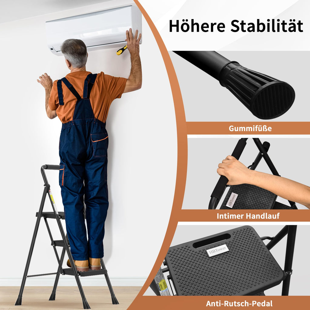 HBTower Trittleiter 3 Stufen klappbar, Leiter mit Breitem Anti-Rutsch-Pedal, Trittleiter mit Bequemer Handlauf, Tragbarer Tritthocker aus Stahl, Schwarz