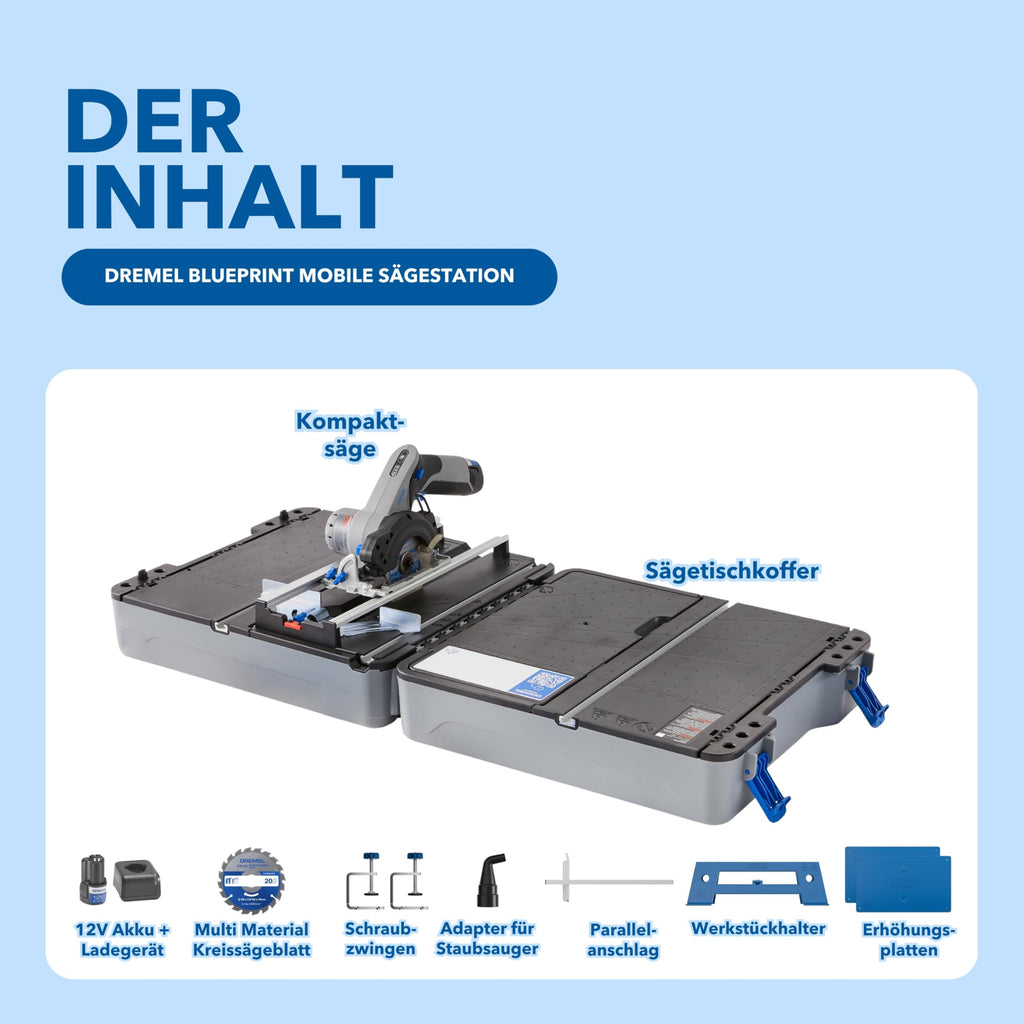 Dremel Blueprint Bürstenlose 12V Akku-Mobile Sägestation mit 1x Kompakt-säge, 1x Sägetischkoffer, 1x 2.0 Akku + Ladegerät, 1x Multi Material Kreissägeblatt, 2x Schraub-zwingen, Mehrere Schnitt-Arten