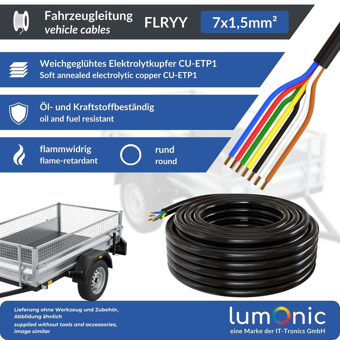 Lumonic 100m FLRYY Fahrzeugleitung 7x1,5mm² schwarz | 7-adrig | Anhängerkabel | mehradriges KFZ-Kabel | Öl- und Kraftstoffbeständig, flammwidrig | Niedervolt