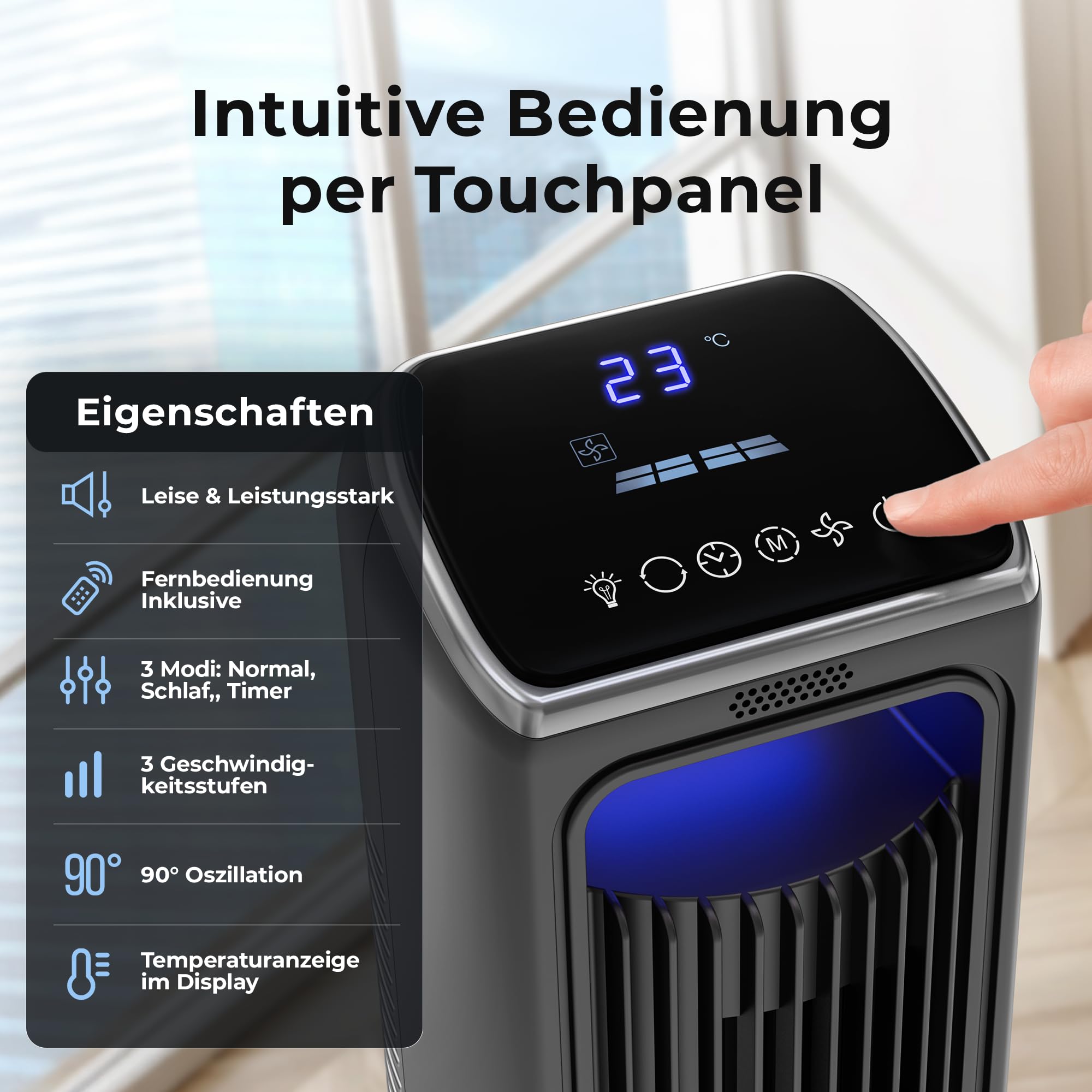 Balter Turmventilator mit Fernbedienung, Ventilator leise 106 cm, Standventilator mit Oszilation, mobiler Luftkühler, 3 Geschwindigkeiten, 3 Modi – Timer bis 15 Std