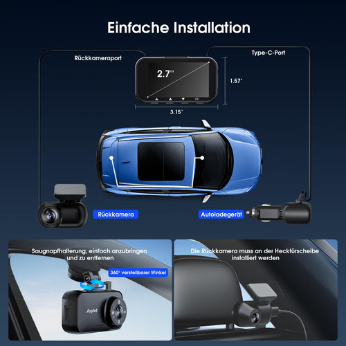 Avylet 4K/2.5K+1080P Dashcam Auto Vorne Hinten, 5GHz WiFi/APP Dual Kamera mit 64GB Card, ADAS Spurhalteassistent, Parküberwachung, externem GPS, Super Nachtsicht, WDR, G-Sensor, 170°+150° Weitwinkel