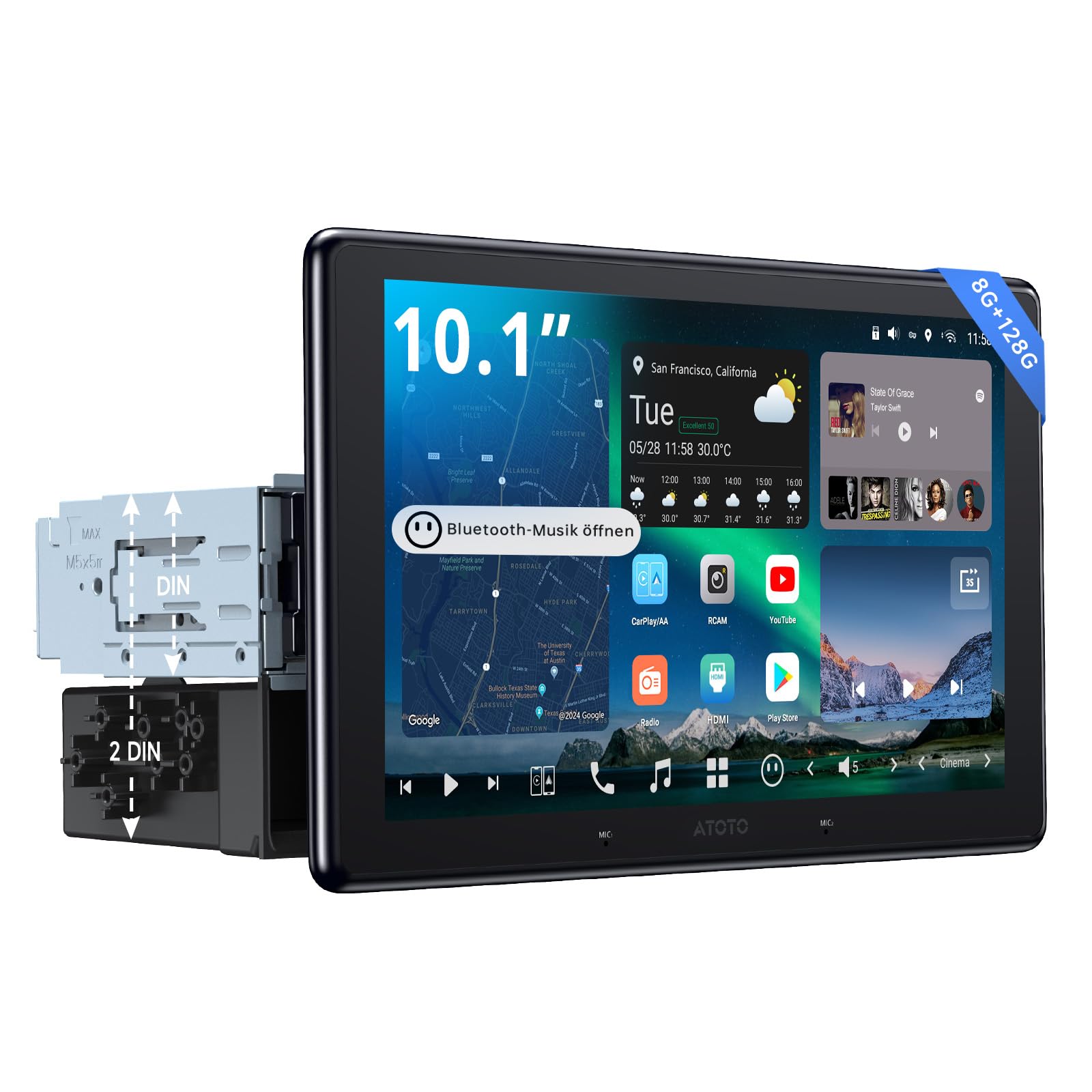 ATOTOZONE 10" QLED AI Android Autoradio 1 DIN, Floating Screen Auto, 8G+128G In-Dash Navigation,4G LTE, Kabelloses CarPlay & Android Auto, Dual-Phone & 2 Bluetooth,SCVC,GPS-Tracking,X10G110E