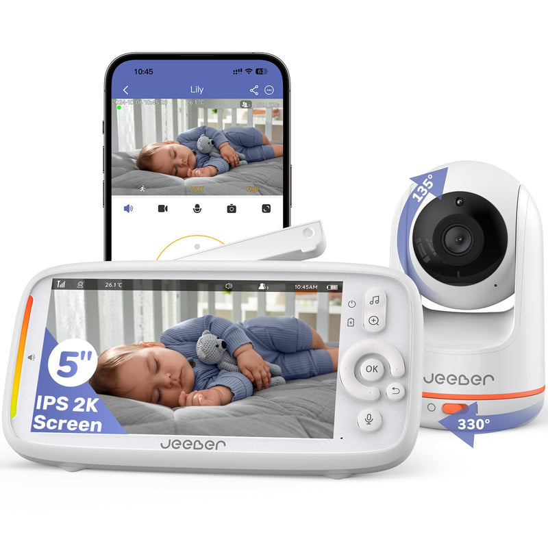 jeeber 2K 5" Baby Monitor Video, Controllo Tramite Cellulare APP & Monitor, 360° Telecamera Bambini, Visione Notturna, Temperatura, Movimento, Rilevamento Del Pianto, Ninne Nanne, Audio Bidirezionale