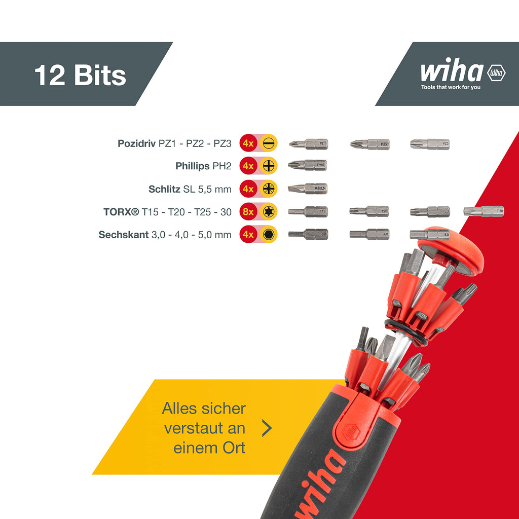 Wiha Schraubendreher mit Bit Magazin LiftUp 25 magnetisch gemischt mit 12 Bits, 1/4" (3803), Bits im Griff, langlebig, universell, Bitsatz, Bithalter, platzsparend, kompakt, stabil