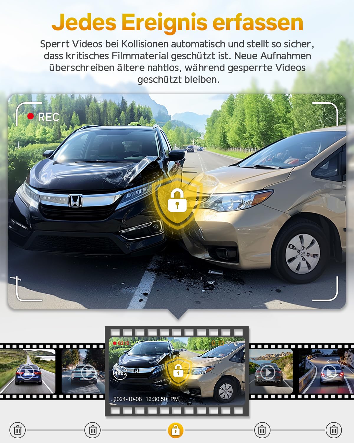GKU 4K Dashcam Auto,dashcam Auto vorne, Auto Kamera mit integriertem WLAN,170° Weitwinkel,Nachtsicht,WDR,24H Parküberwachung,Loop-Aufnahme,G-Sensor,Dash cam Vorne inklusive 64GB SD Karte