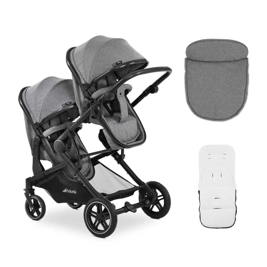 hauck Atlantic Twin, Melange Grey - Zwillingskinderwagen ab Geburt bis 15 kg je Kind - 2 Babywannen Umbaubar zu Drehbare Sportsitze mit Liegeposition - Faltbar - Höhenverstellbar - Gummi Räder