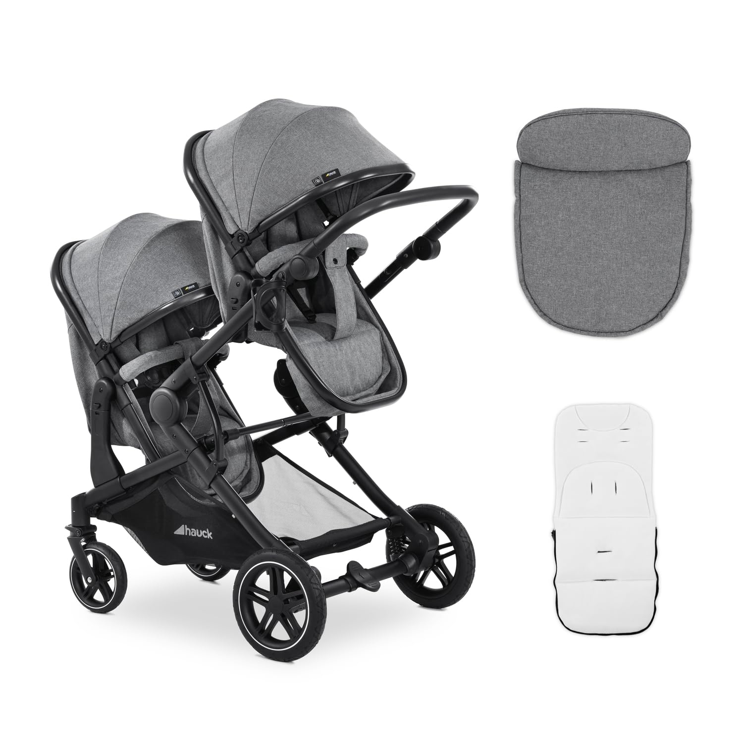 hauck Atlantic Twin, Melange Grey - Zwillingskinderwagen ab Geburt bis 15 kg je Kind - 2 Babywannen Umbaubar zu Drehbare Sportsitze mit Liegeposition - Faltbar - Höhenverstellbar - Gummi Räder