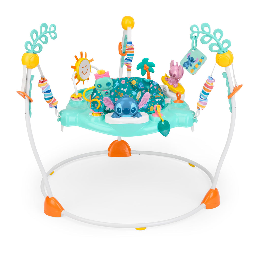 Bright Starts Disney Stitch Little Ohana Baby-Aktivitätshopser mit interaktiven Spielzeugen, Baby Bouncer Lichtern und Musik mit Stitch, Angel und Scrump, 6–12 Monate (blau)