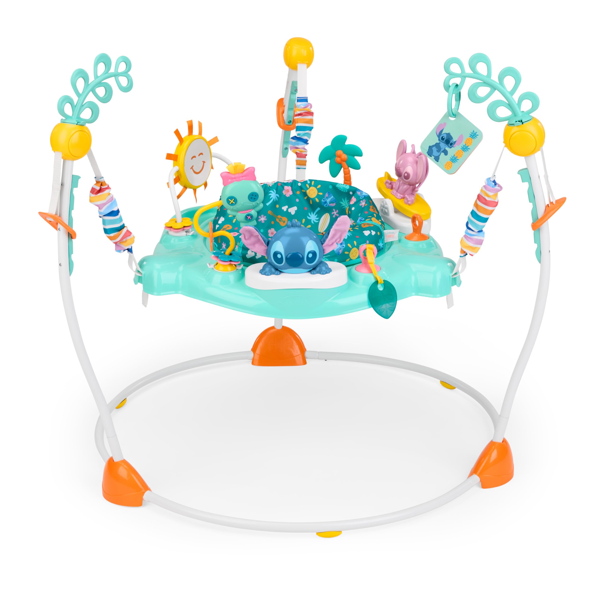 Bright Starts Disney Stitch Little Ohana Baby-Aktivitätshopser mit interaktiven Spielzeugen, Baby Bouncer Lichtern und Musik mit Stitch, Angel und Scrump, 6–12 Monate (blau)