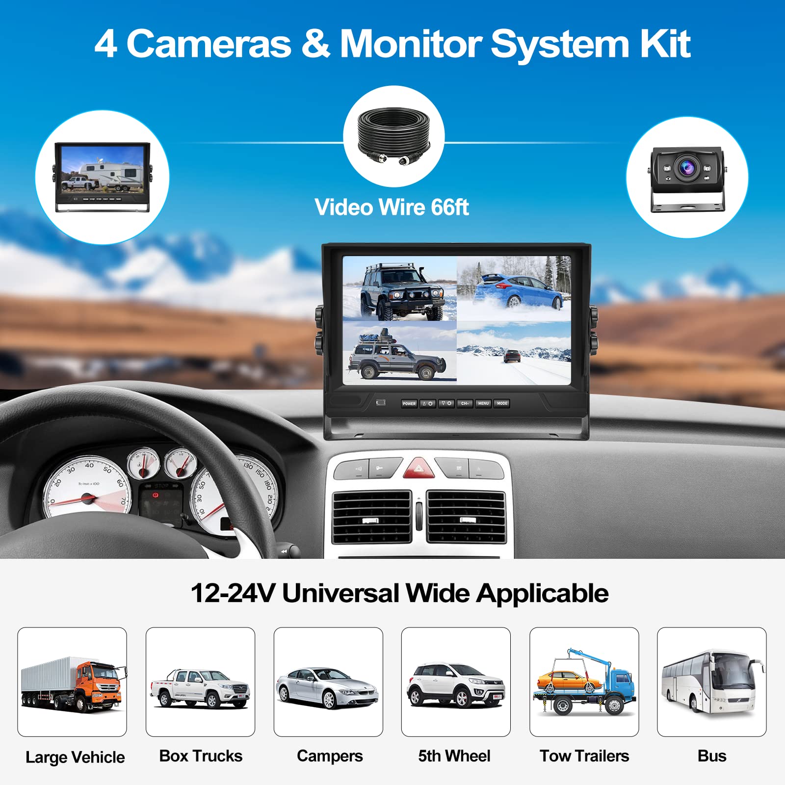 CAMECHO RV Rückfahrkamera Set 4 Kameras Set,Videoaufzeichnung 9 Zoll LCD Monitor DVR+4 Geteilte Rück und Vorder Kamera, Weitwinkel, IP68 wasserdicht, 18IR Nachtsicht, für LKW/Anhänger/Bus/Van 12V-35V