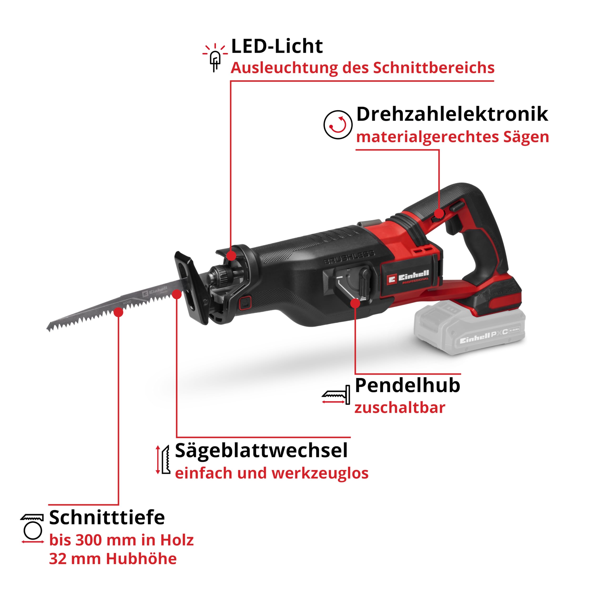 Einhell Professional Akku-Universalsäge TP-AP 18/32 Li BL - Solo Power X-Change (18 V, Brushless, 32 mm Hubhöhe, 300 mm Schnitttiefe in Holz, inkl. 2x Sägeblatt, ohne Akku)