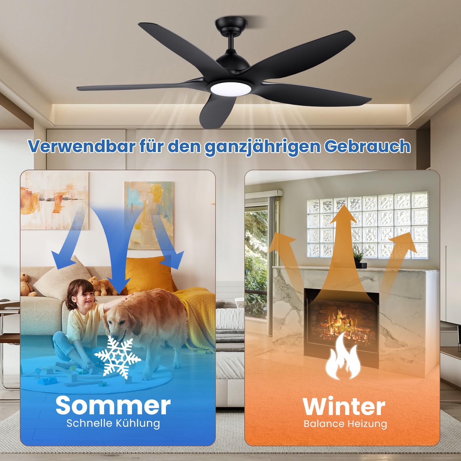 Newday Deckenventilatoren Große 153CM, Deckenventilator Schwarz mit Beleuchtung und Fernbedienung Leise, Ventilator mit Licht, 5 Flügel, Motor DC Reversibel, Stufenloser Dimmer, Zeitgeber für wohnraum