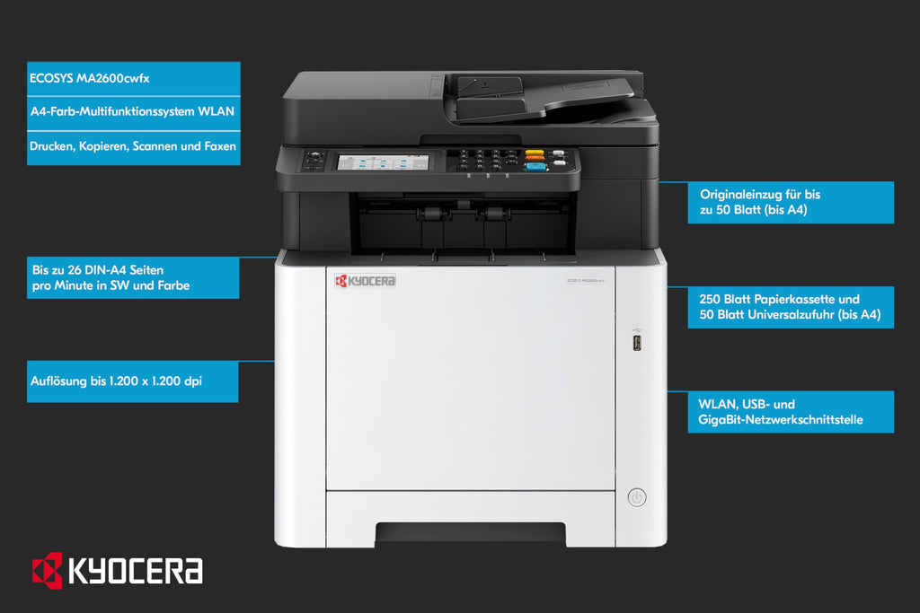 Kyocera Ecosys MA2600cwfx Farblaserdrucker Multifunktionsgerät WLAN: Drucker Scanner Kopierer, Faxgerät. Multifunktionsdrucker inkl. Mobile-Print-Funktion.