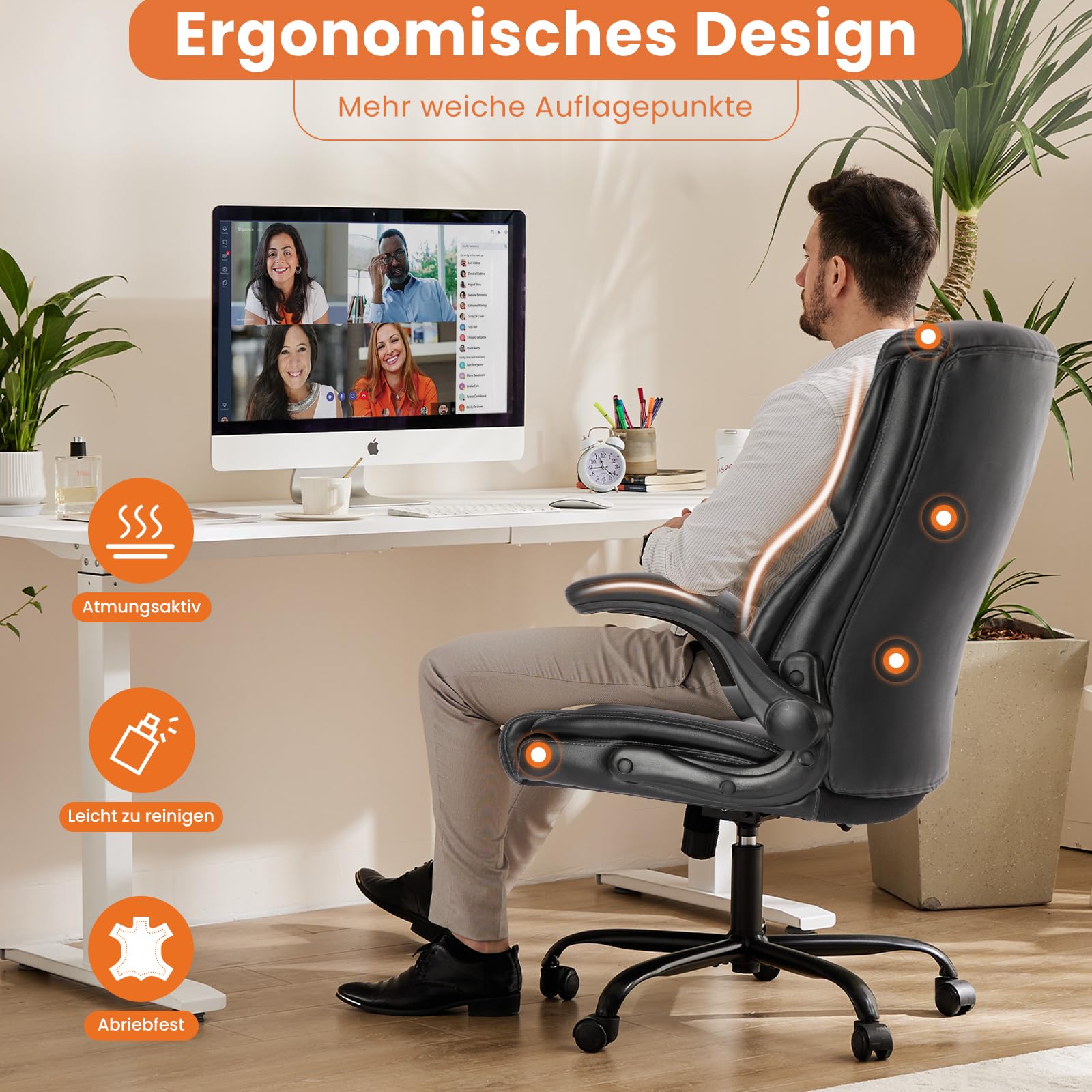 Sweetcrispy Chefsessel PU Leder Bürostuhl Ergonomisch, Schreibtischstuhl mit Hochklappbaren Armlehnen, Ergonomischer Computerstuhl mit Hoher Rückenlehne, Gaming PC Drehstuhl für Arbeit Ruhe, Schwarz