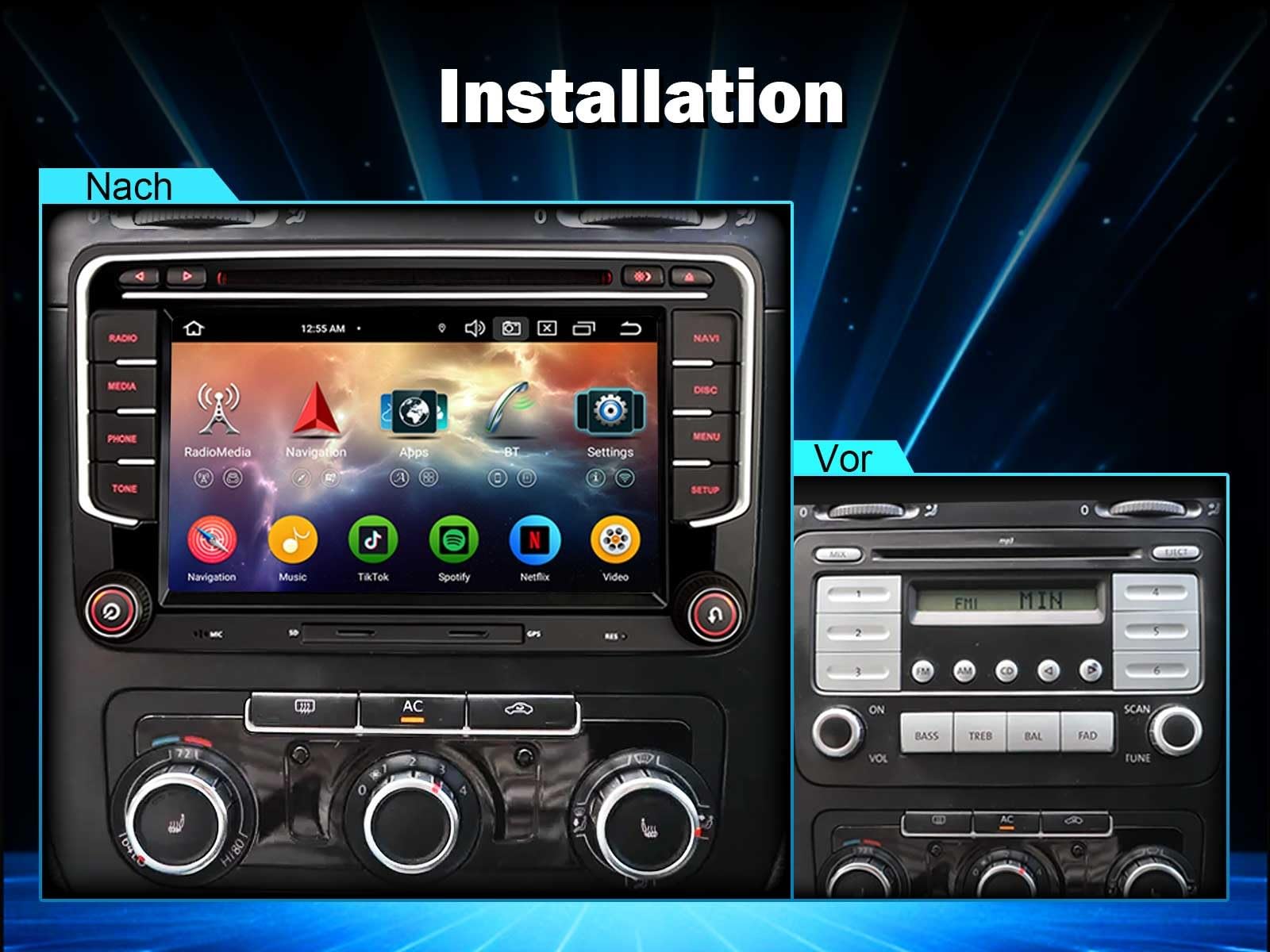Erisin Android 14 4GB+64GB 8-Kern Autoradio mit CD Bluetooth GPS Navi für VW Golf 5/6 Passat B6 Polo 6R Touran Skoda Seat Tiguan Jetta T5 7" Touchscreen CarPlay Android Auto DAB+ WiFi 4G A2DP Canbus
