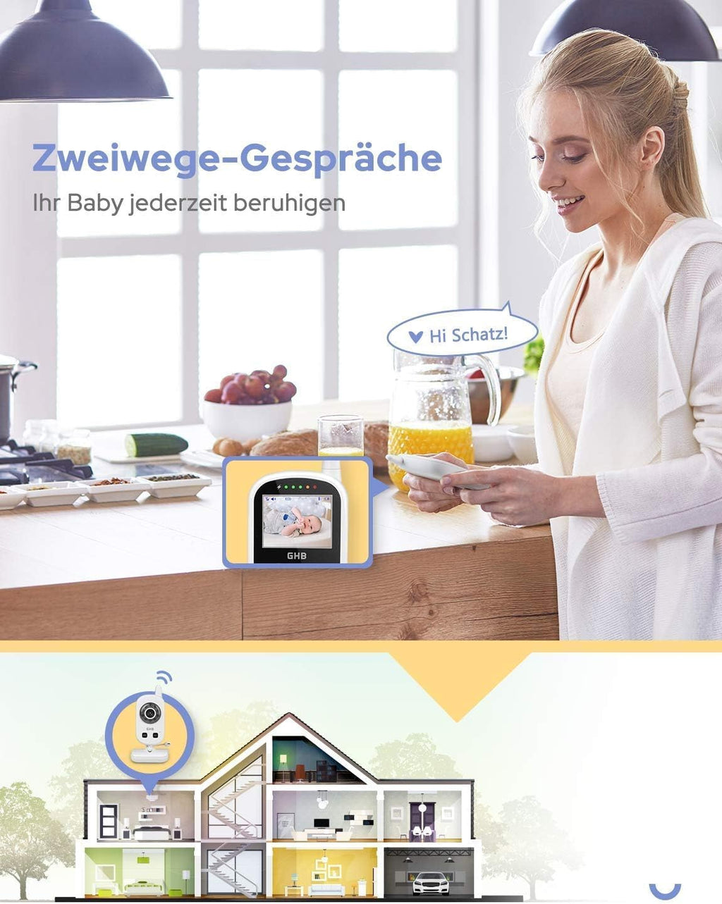 GHB Babyphone mit Kamera Video Baby Monitor 2,4 GHz Gegensprechfunktion ECO Modus Lange Akkulaufzeit Nachtsicht Temperatursensor Schlaflieder