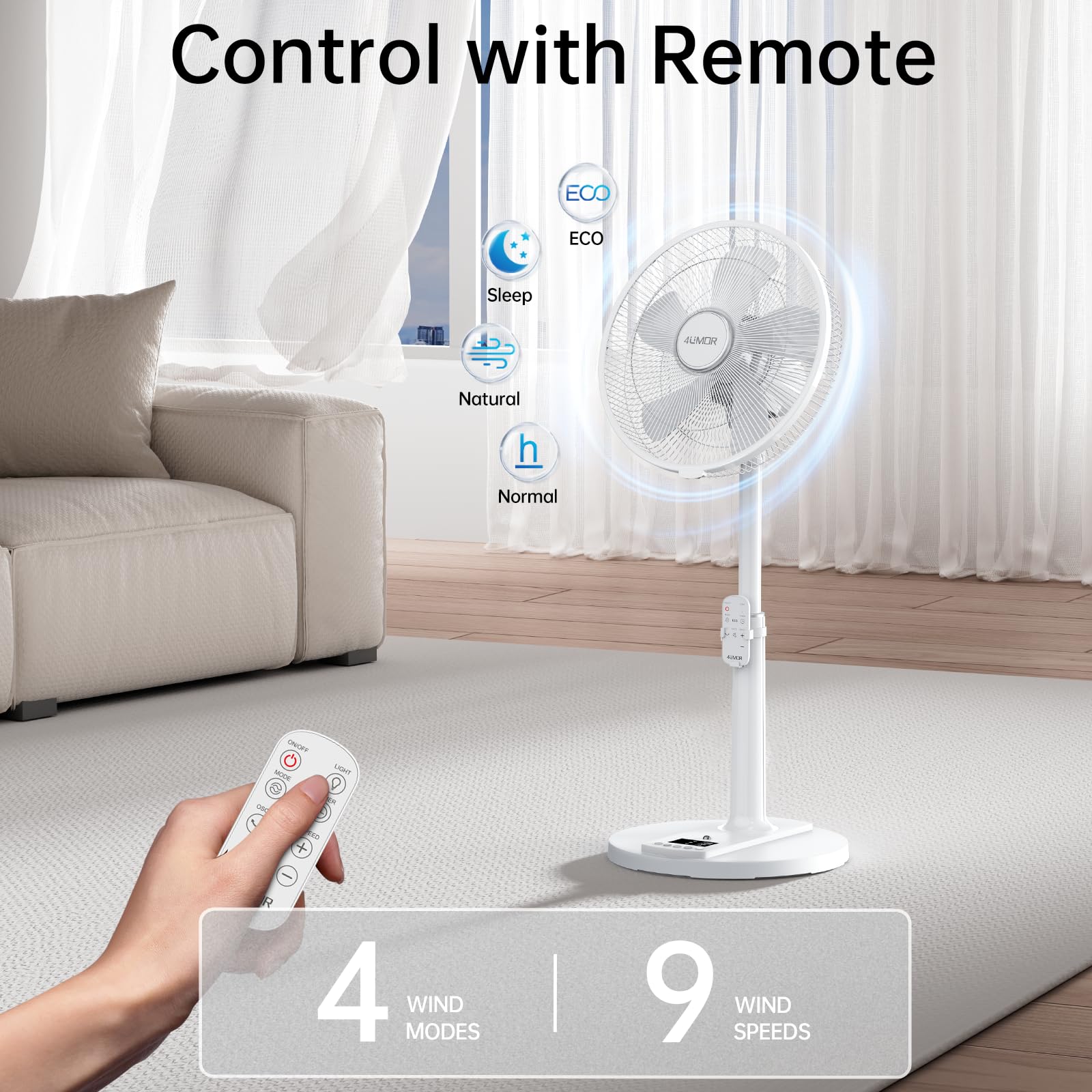 4UMOR Standventilator leise 24W 20dB DC Motor 9 Geschwindigkeiten Oszillation90° verstellbar Ventilator mit Fernbedienung 9H Timer 41cm Durchmesser Ventilator leise 80% Energie Sparen