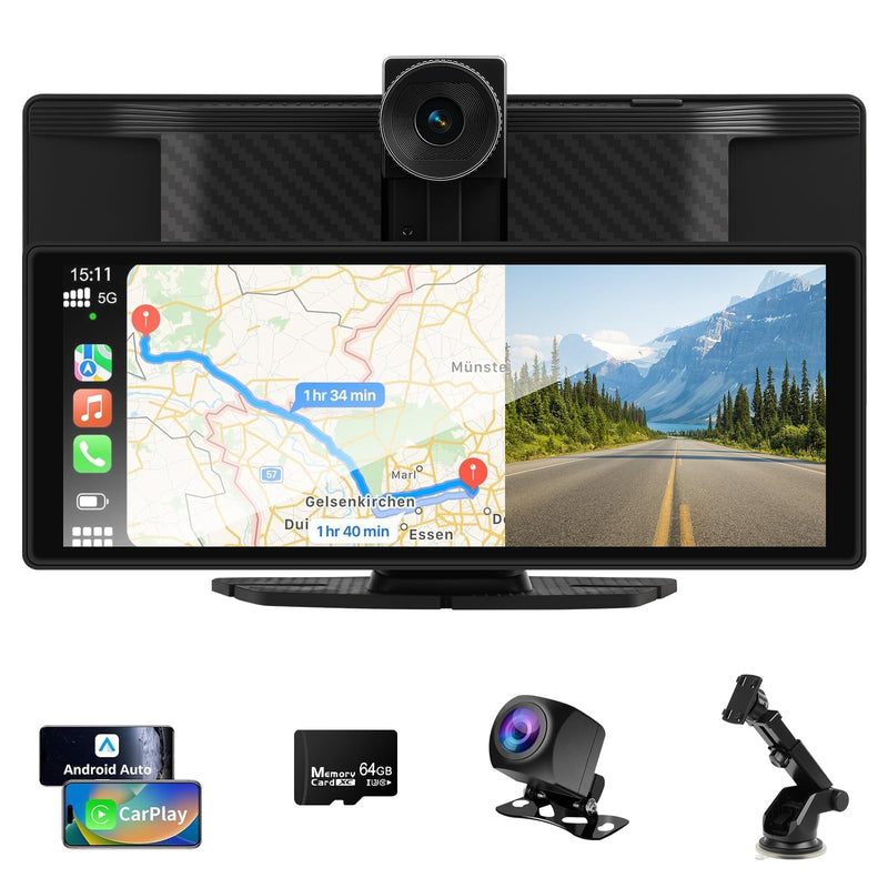 10,26 Zoll Carplay Display - Wireless Android Auto Car Play Display mit 4K Dashcam 1080P Rückfahrkamera IPS Touchscreen Bluetooth Mirror Link Split Screen FM Radio/AUX 64G TF