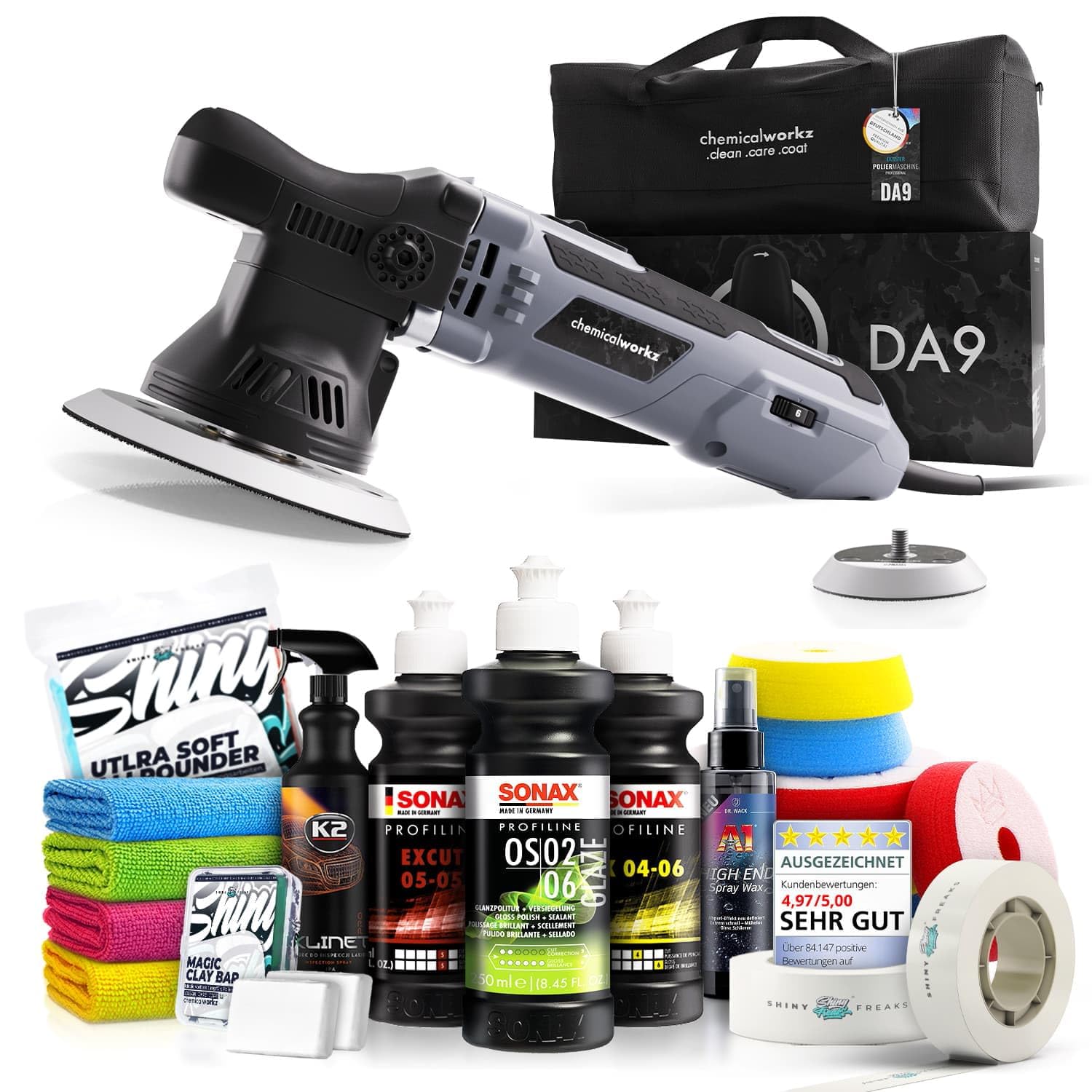 Poliermaschinen Set: chemicalworkz DA9 Exzenter Poliermaschine + Sonax Politur Set + Royal Pads Premium Polierpads + Dr. Wack Versiegelung für Lack + Zubehör | 20-teilig