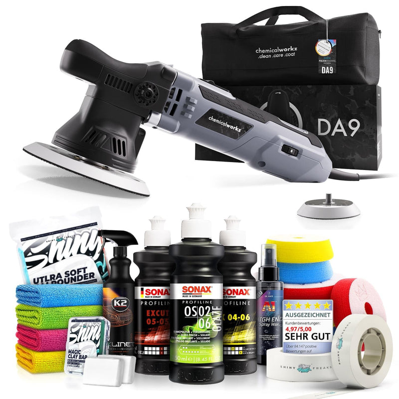 Poliermaschinen Set: chemicalworkz DA9 Exzenter Poliermaschine + Sonax Politur Set + Royal Pads Premium Polierpads + Dr. Wack Versiegelung für Lack + Zubehör | 20-teilig