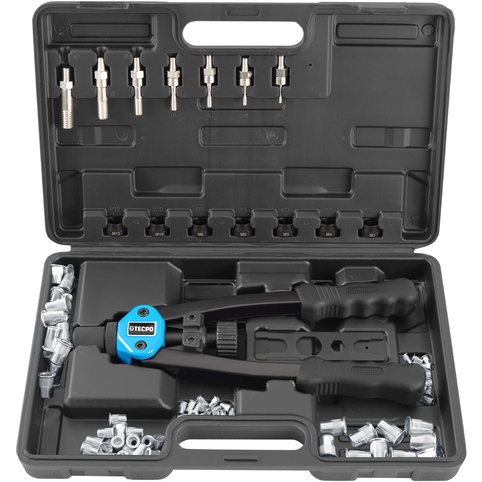 TECPO Nietmutternzange Set, 110-teilig Profi Satz Nietmuttern mit Gewinde, Nietzange, Universalschlüssel, Zugdorne und Mundstücke aus Stahl M3, M4, M5, M6, M8, M10, M12