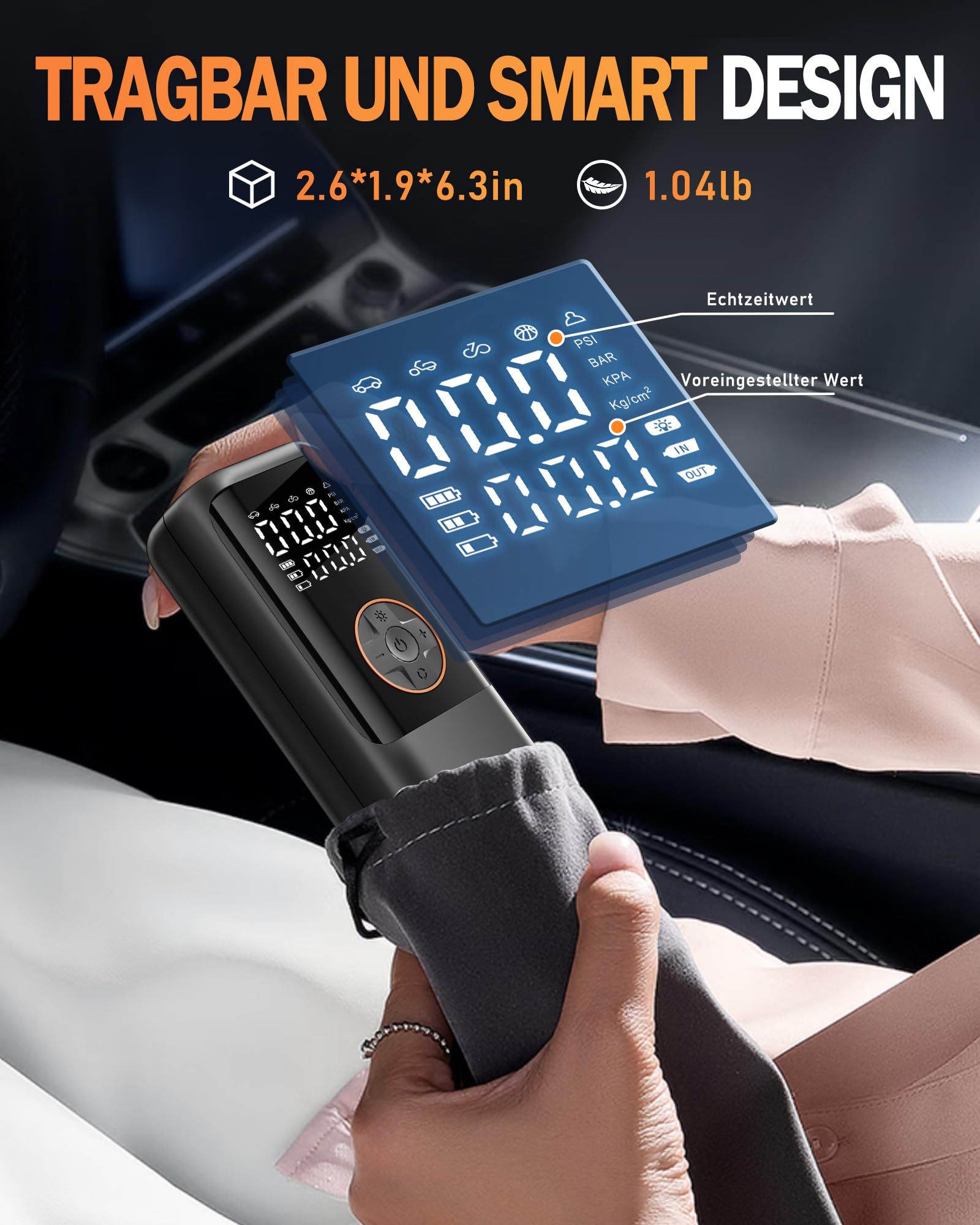 Elektrische Luftpump mit Akku, 150 PSI Luftpumpe für Fahrradpumpe, Tragbar Mini Kompressor mit Manometer & Doppelt-LED-Anzeige, 12V DC Elektrische Autoreifen für Autos, Motorräder, Fahrräder und Bälle