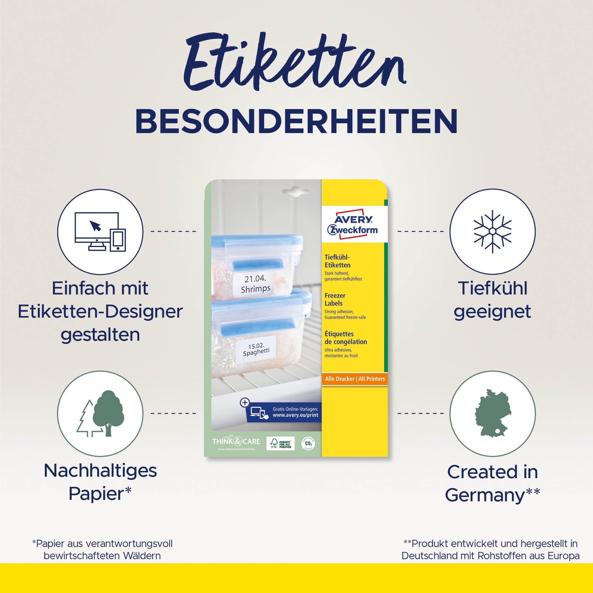 AVERY Zweckform L7976-25 Tiefkühletiketten (200 Aufkleber, 99,1x67,7mm auf A4, selbstklebend, temperaturbeständige und tiefkühlfeste Klebeetiketten für Gefriergut, bedruckbar) 25 Blatt, weiß