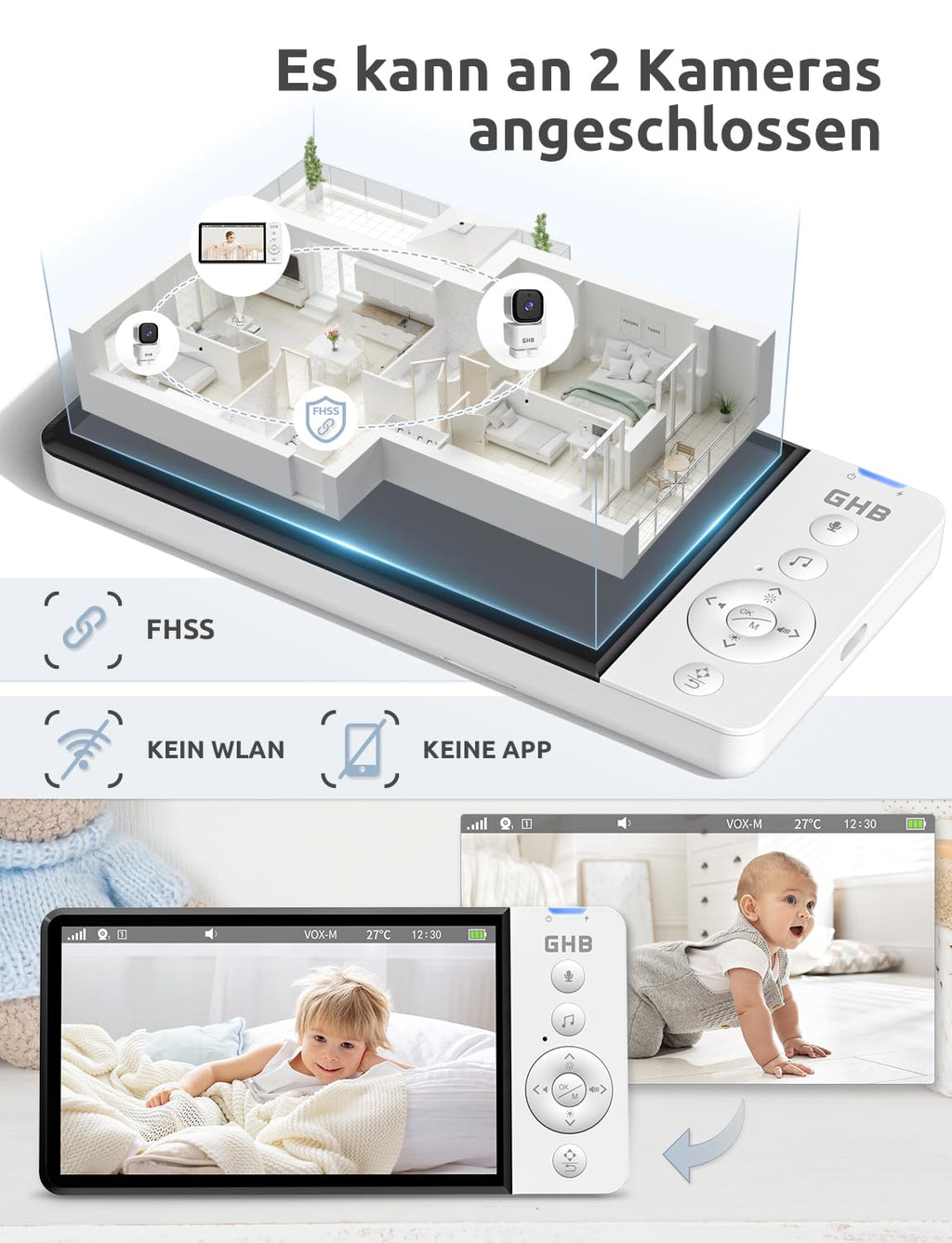 GHB Babyphone mit Kamera 5 Zoll 350° Rotation 5000mAh 720P Nachtsicht VOX-Modus Digitalzoom GegensprechfunktionTemperaturanzeige ABM720C