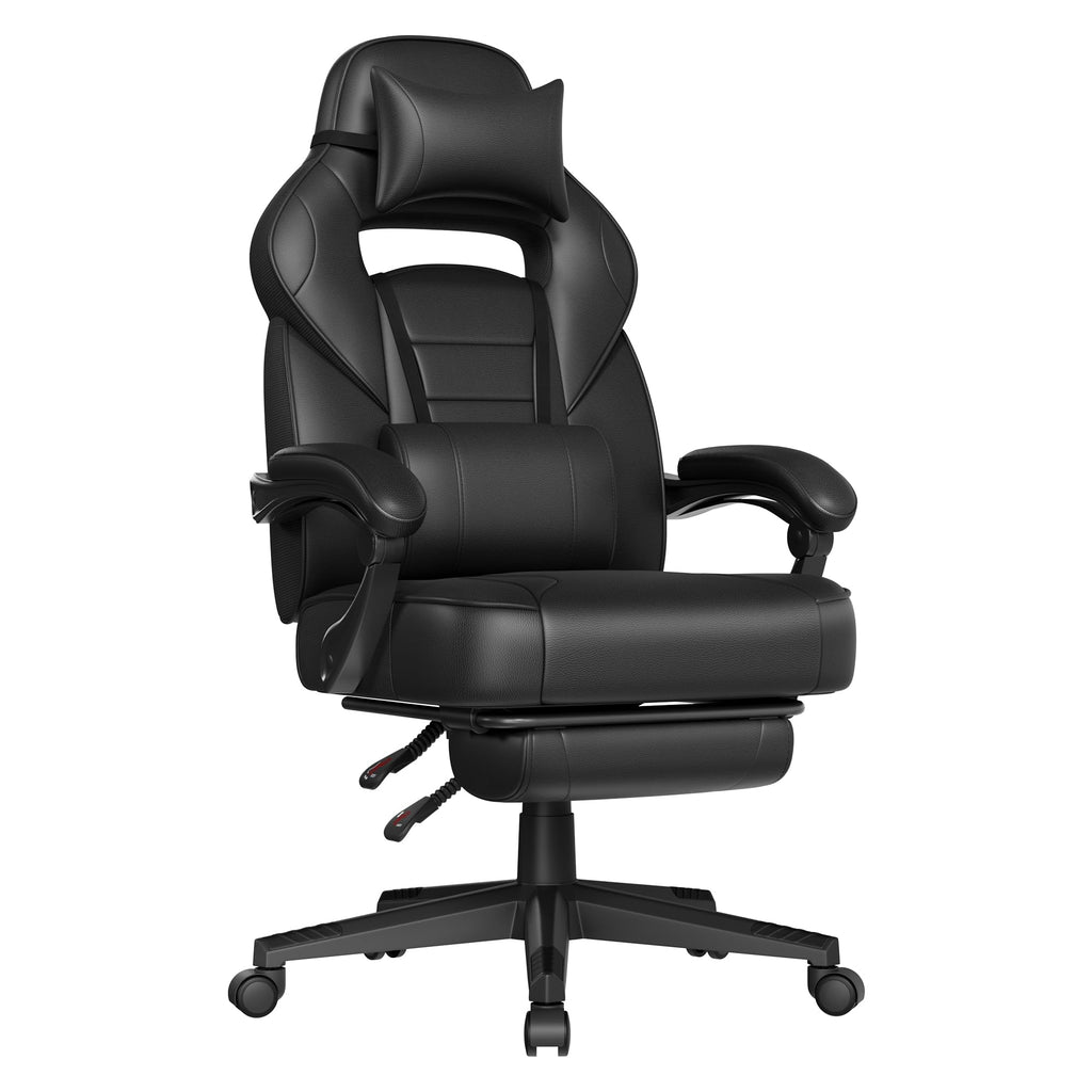 SONGMICS Gaming-Stuhl, Bürostuhl mit Fußstütze, Schreibtischstuhl mit Kopfstütze und Lendenkissen, höhenverstellbar, ergonomisch, bis 150 kg belastbar, tintenschwarz OBG073B05
